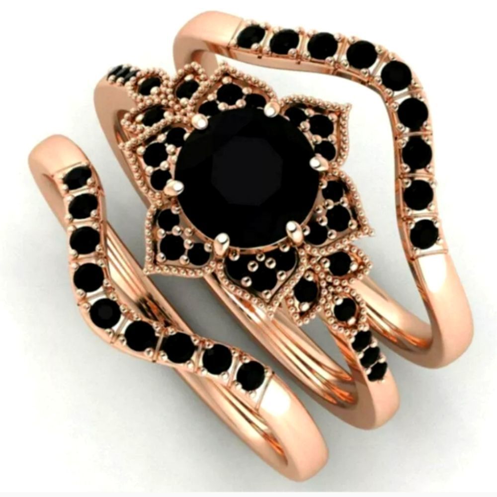 3 Piece Black Sapphire Ring on Rose Gold 925 Band- Women's Jewelry Diamond